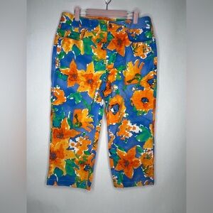 Jones New York Sport Cropped Jeans‎   Sz 12 Blue Orange Floral Stretch 5 Pockets